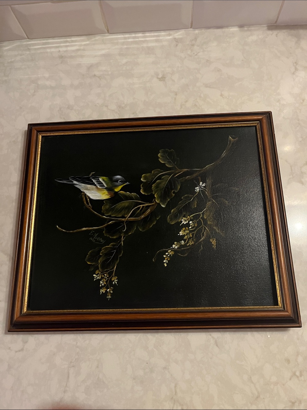 Vintage 1990 framed signed Bird oil painting moody feel by E. Murphy 16”x 13”
